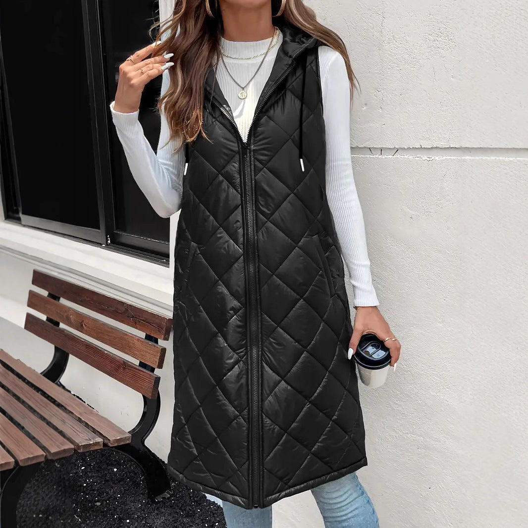Mid-length Vest Dalin Plaid Hooded Sleeveless Coat