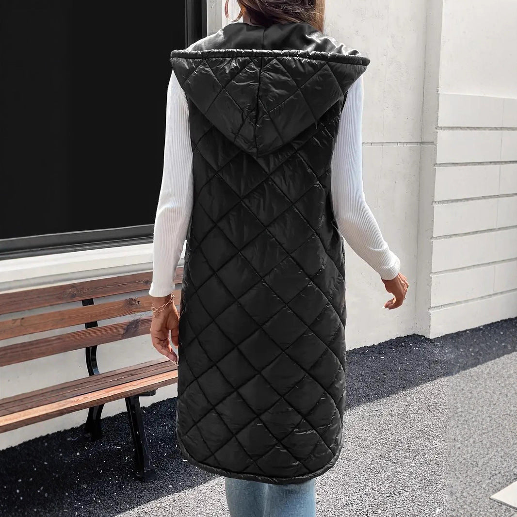 Mid-length Vest Dalin Plaid Hooded Sleeveless Coat