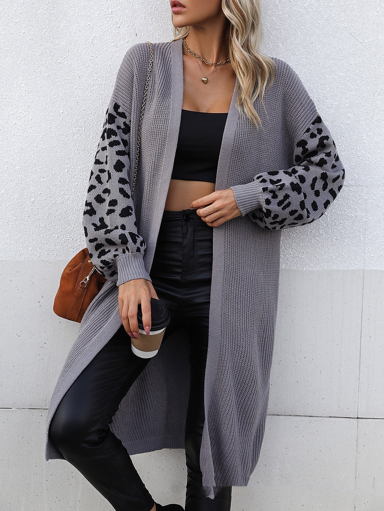 Women's Casual Long Solid Color Pattern Leopard Design Coat Cardigan For Women