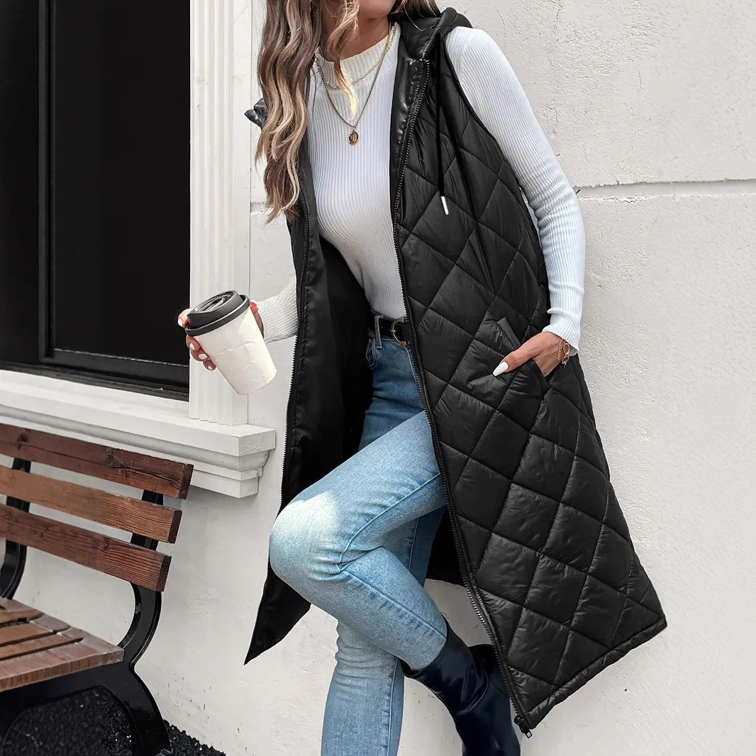 Mid-length Vest Dalin Plaid Hooded Sleeveless Coat