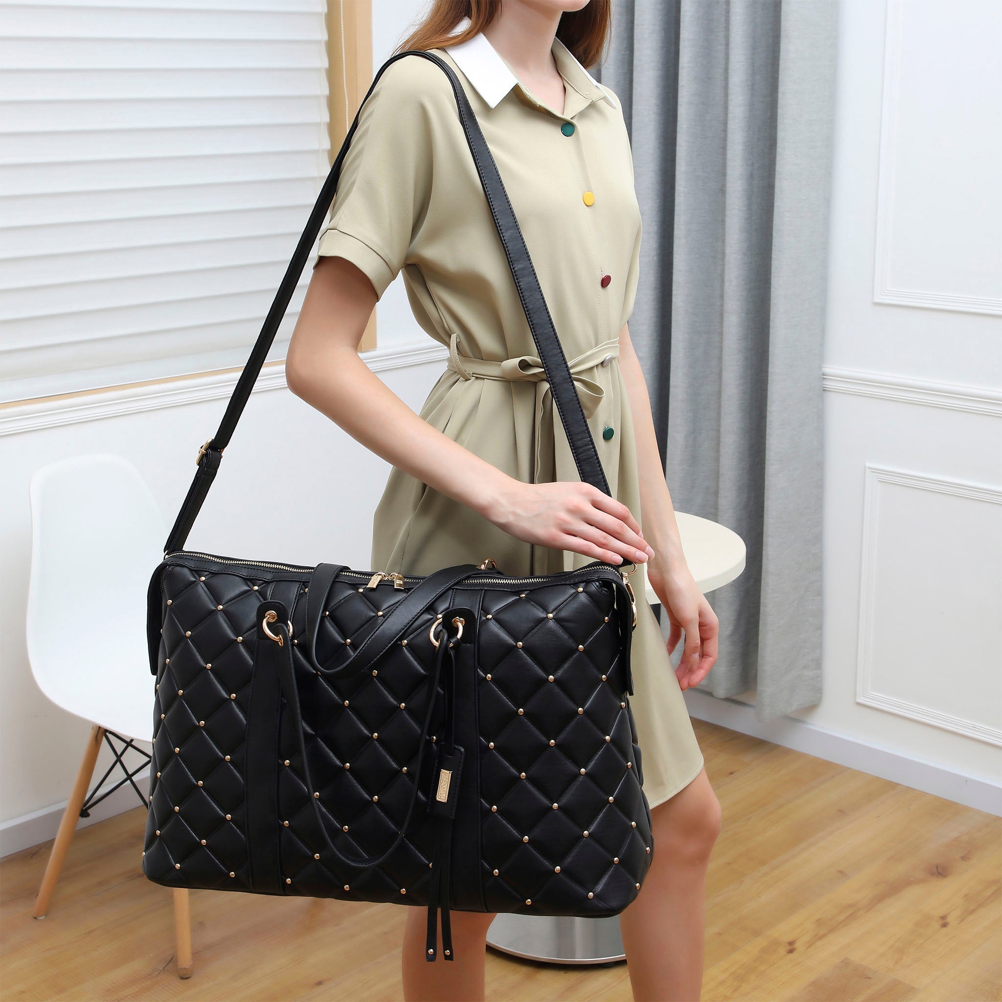 Diamond Quilted Vegan Leather Weekender Tote Bag-2