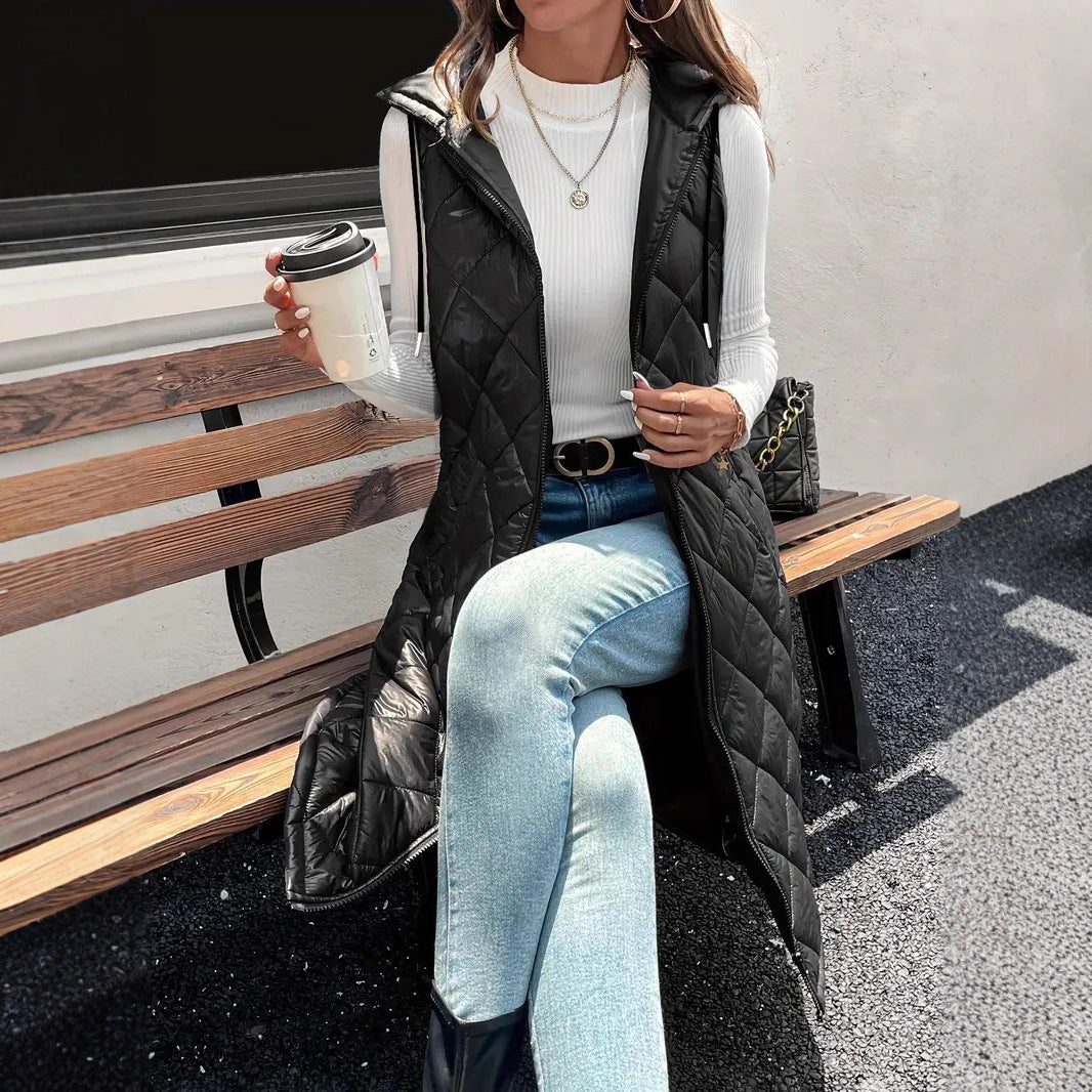 Mid-length Vest Dalin Plaid Hooded Sleeveless Coat